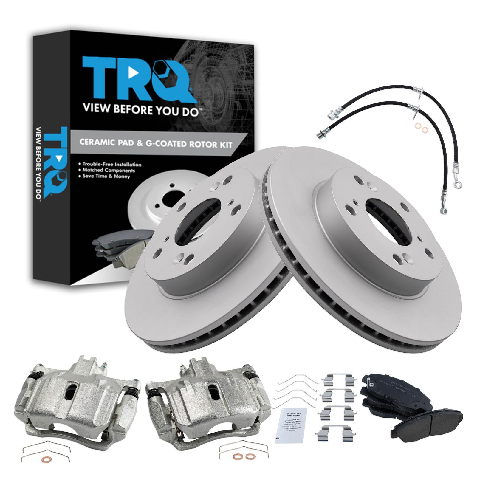 TRQ Front Brake Pad and Rotor Set Ceramic G Coated Rotors Calipers Compatible with 2012 Honda Civic Image