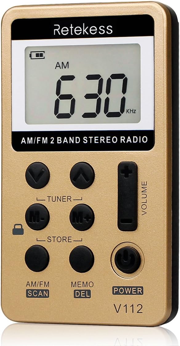 Retekess V112 AM FM Radio Portable Mini Radio with Earphone Pocket Digital Tuning Rechargeable Battery LCD Display for Walking Jogging(Gold)