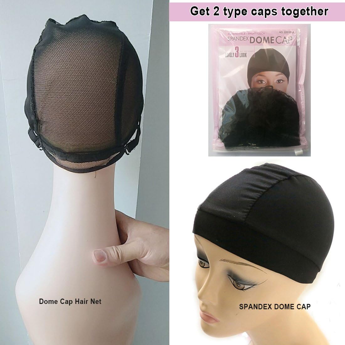 Black Adjustable Weaving Cap For Making Wigs and Stretchable Spandex Dome Style Wig Cap Professional Style Black One Size Fits Most (Dome Cap + Weaving Cap)