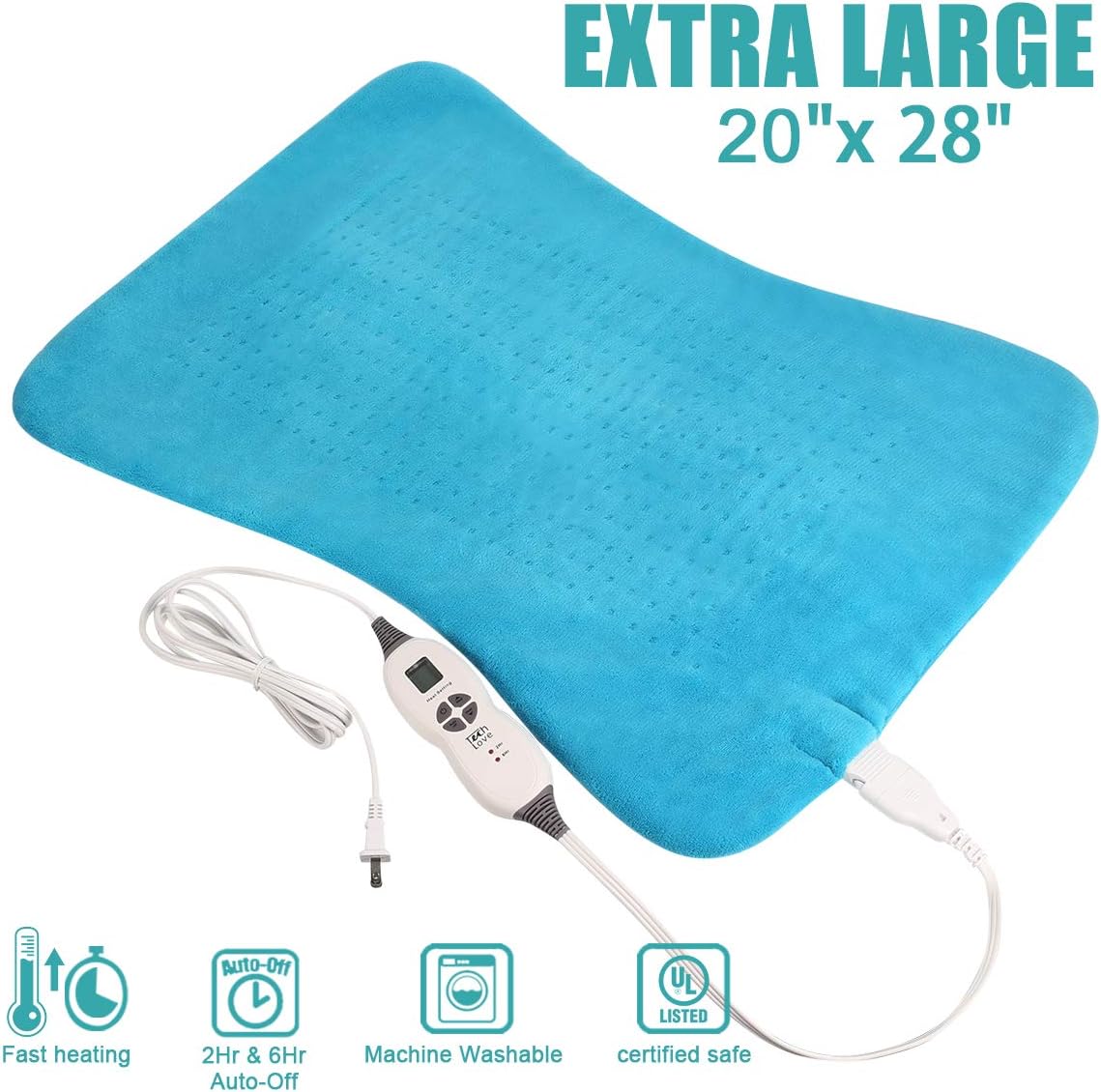 Tech Love XXL Electric Heating Pad for Neck Shoulder and Back Pain Relief with Fixation Strap Moist Heat Pad with Auto Shut Off Extra Large 20'' x 28'' - Maya Blue: Health & Personal Care