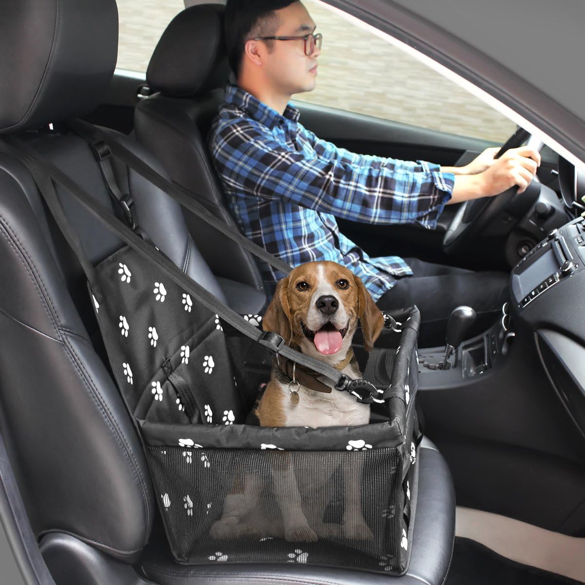 HIPPIH Collapsible Pet Booster Car Seat - 2 Support Bars, Portable Small Dog Cat Car Carrier with Safety Leash and Zipper Storage Pocket (Black with paw Prints) : Pet Supplies