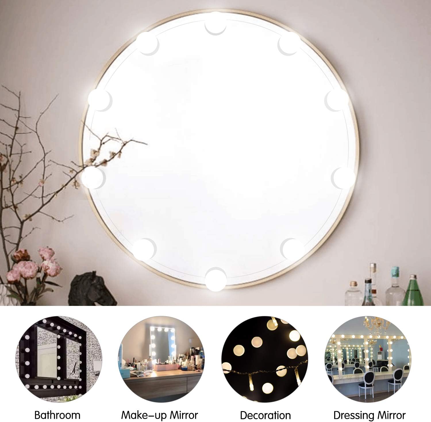 Upgraded Hollywood Style Vanity Mirror Lights Kit, 10 Dimmable LED Bulbs with 3 Color Modes, Best for Makeup Dressing Table Bathroom Dressing Room, Power Supply Plug in Lightings (Mirror Not Include): Home Improvement