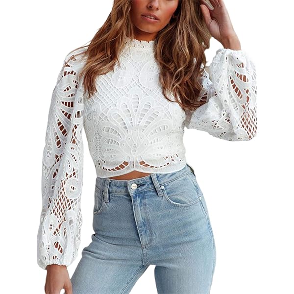 Women's Lace Mock Neck Crop Top Long Sleeve Crochet Hollow Out