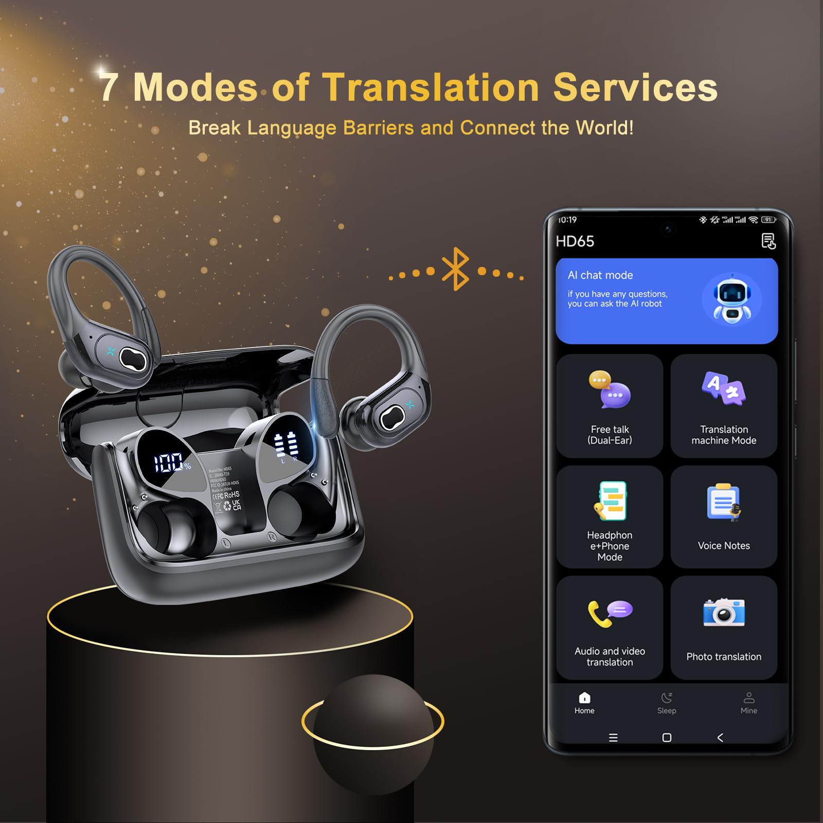 AI Translation Earbuds Real Time, 164 Language Translator Earbud 3-in-1 Bluetooth 5.4 Translator Earbuds with 6 Translation Modes, 75H Translators Headphones with APP for Travel Business, Black