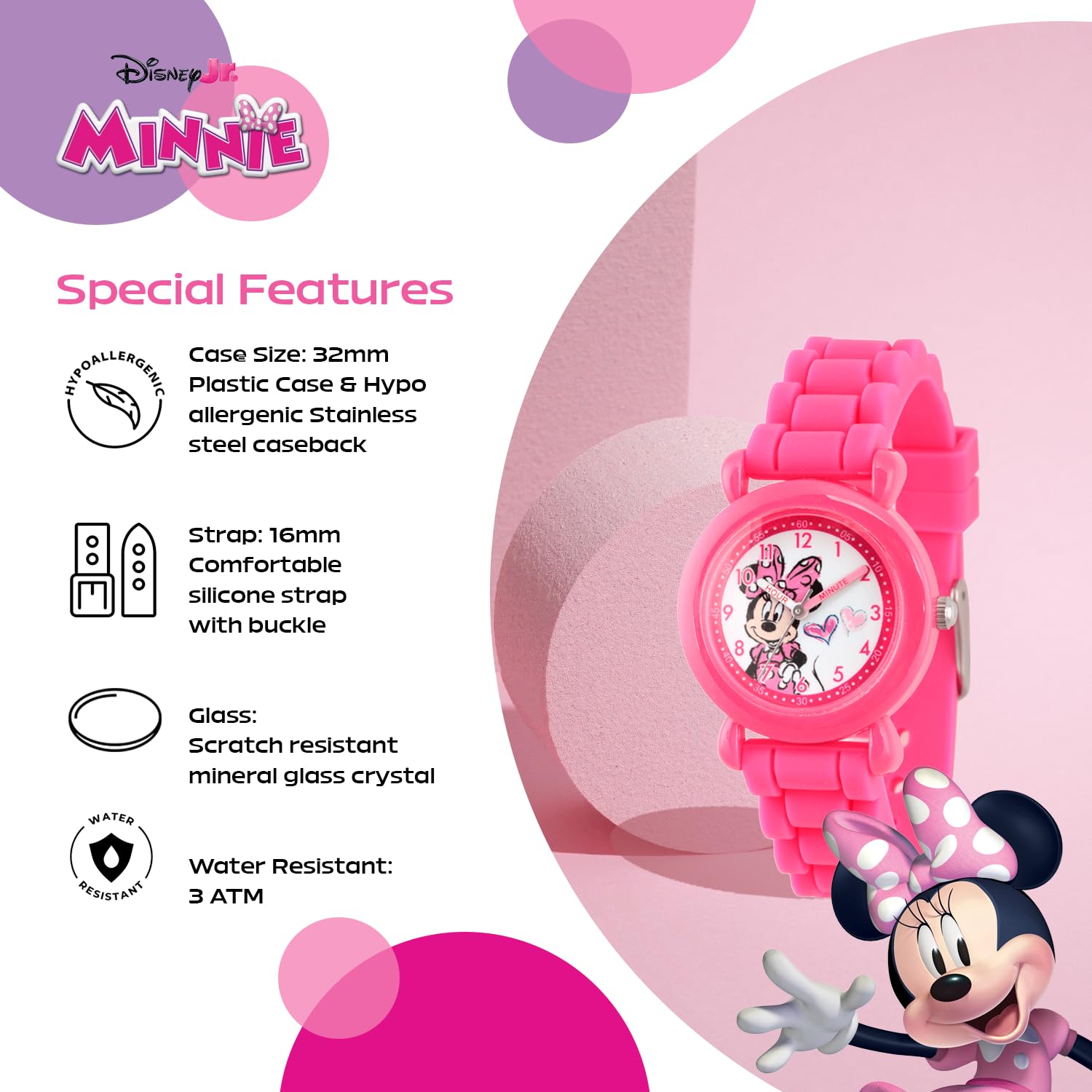 Disney Minnie Mouse Watch for Kids – Cute Minnie Watch for Girls & Toddlers Ages 3-5 – Gift for Young Fans – Full Color Watches with Pink Bezel & Soft Silicone Plastic Strap