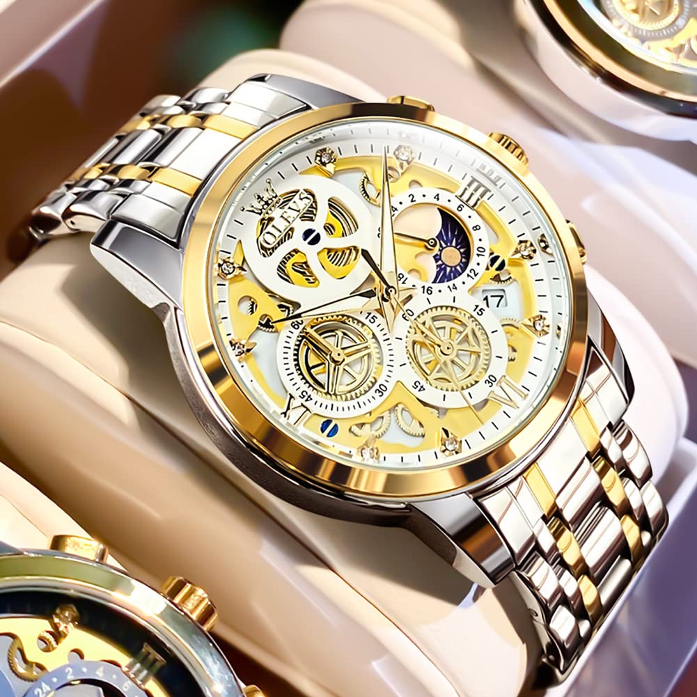 OLEVS Mens Watch Chronograph Luxury Diamond Dress Business Analog Quartz Wrist Watches Stainless Steel Waterproof Luminous