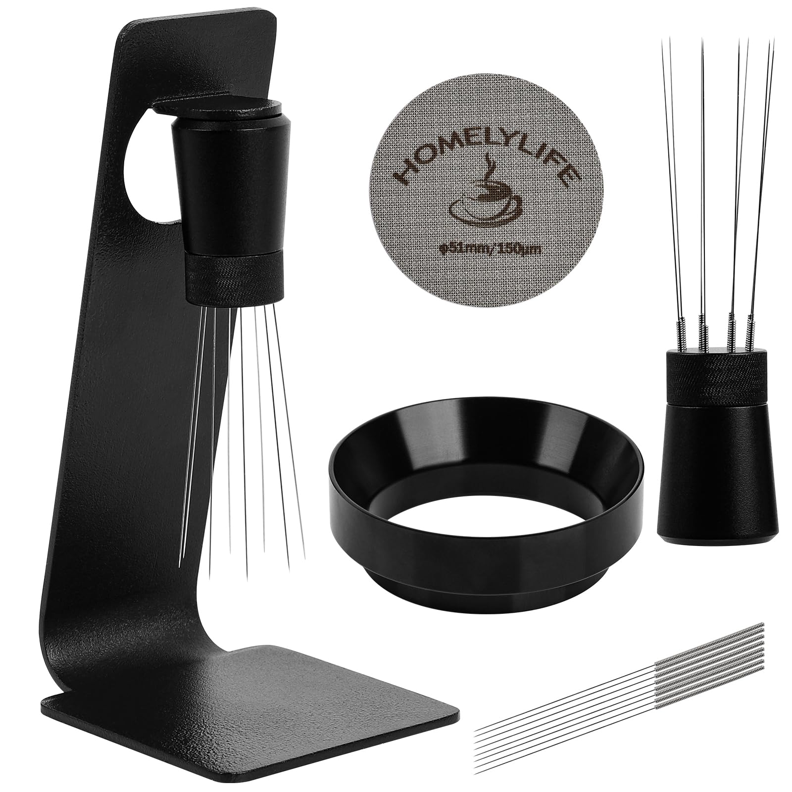 WDT Tool Espresso Puck Screen, 51mm Espresso Accessories Kit - 150μm Puck Screen Set, 0.25mm 316 Stainless Steel 8 Needles Coffee Distribution Stirrer, Dosing Funnel for Barista