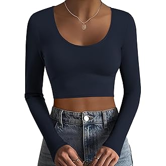 Ekouaer 女式长袖露脐上衣圆领轻质基本款打底柔软保暖汗衫 S-XXL