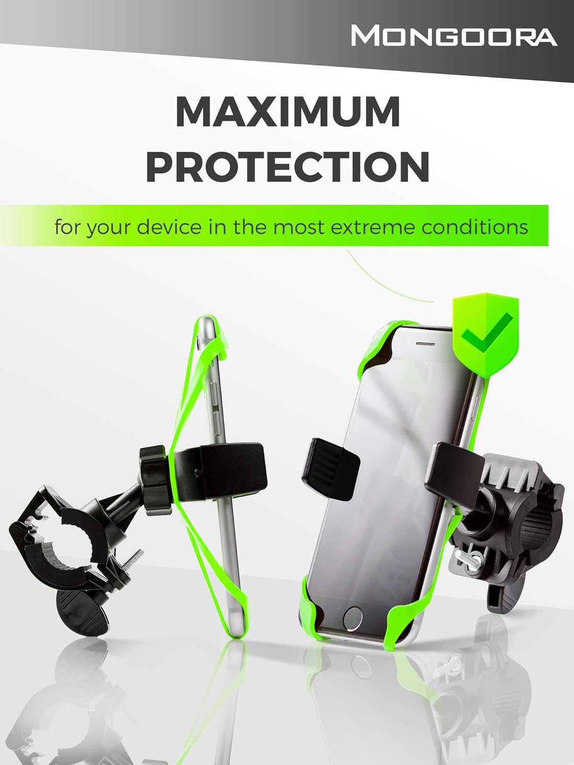 Bike Phone Mount for any Smart Phone: iPhone 11 PRO Max XS XR X 8 7 6 5 Plus Samsung Galaxy S20 S10 S9 S8 S7 S6 S5 Edge, LG. Motorcycle, Bicycle Phone Mount. Mountain Bike Mount. Bike Accessories