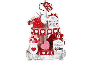 Pickmesh 21 Pcs Valentine's Day Tiered Tray Decor Set Valentine's Day Table Decorations Conversation Heart Wooden Decor Farmhouse Valentines Day Decorations Heart Wooden Signs for Home(Lovely)
