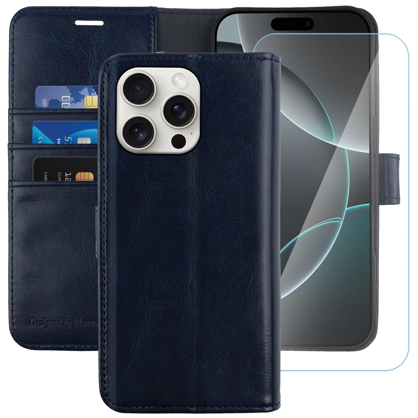 MONASAY for iPhone 16 Pro 5G Wallet Case,[Glass Screen Protector Included] [RFID Blocking] Flip Folio Leather Cell Phone Cover with Credit Card Holder, 6.3-inch, Blue