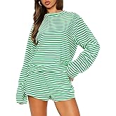 VFURYGD Women 2 Piece Pajamas Set Striped Print Crewneck Long Sleeve Loose Top Shorts Matching Lounge Sets
