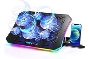 AICHESON RGB Lights Laptop Cooler Pad with 6 Cooling Fans, Blue LED Lights, 7 Ergonomic Stands, 10 Modes for Desk or Lap Use