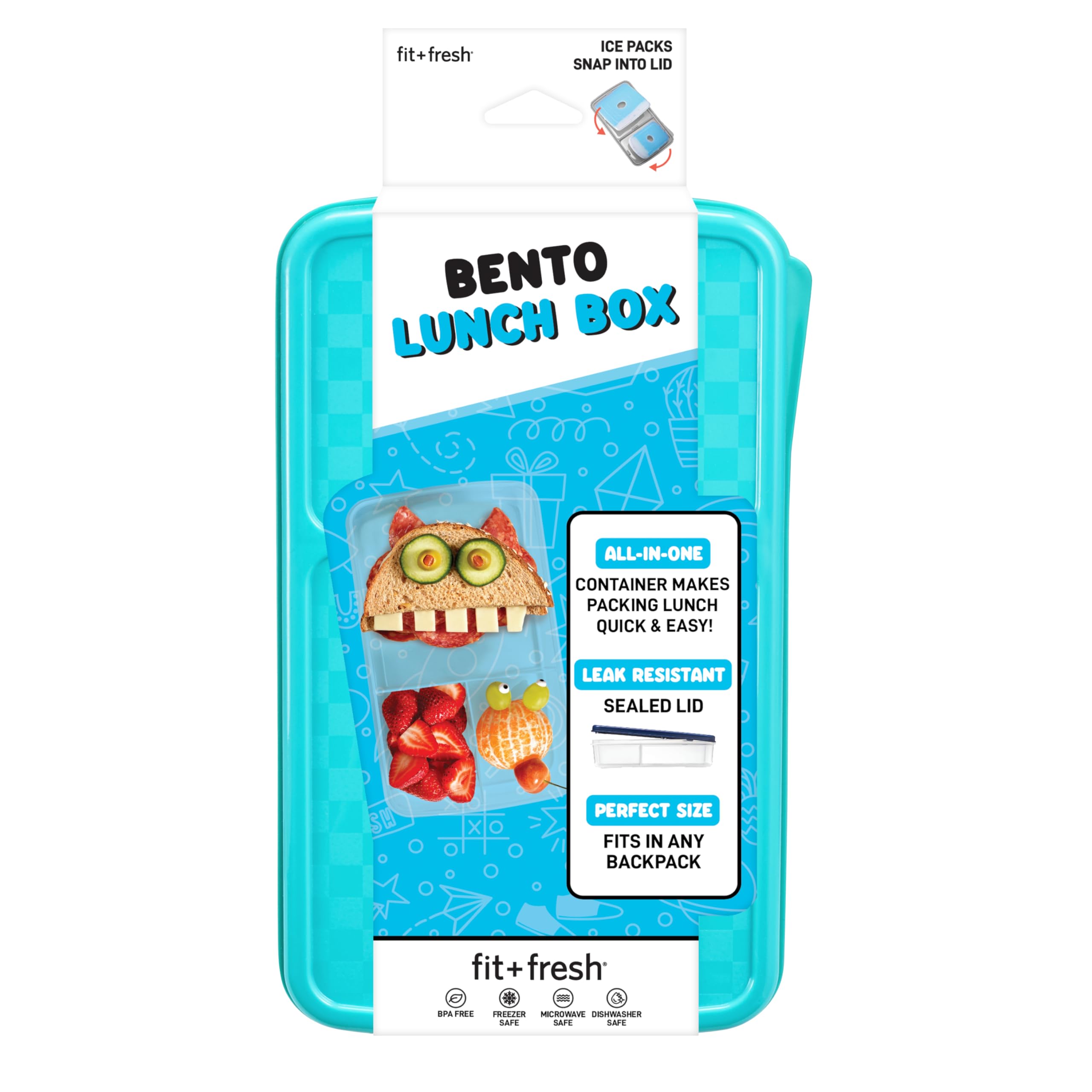 Photo 1 of Fit & Fresh Kids' Reusable Divided Meal Carrier with Removable Ice Packs, Bento Box Lunch Container with 3 Food Storage Compartments, BPA-Free, Microwave/Dishwasher Safe, Assorted Colors