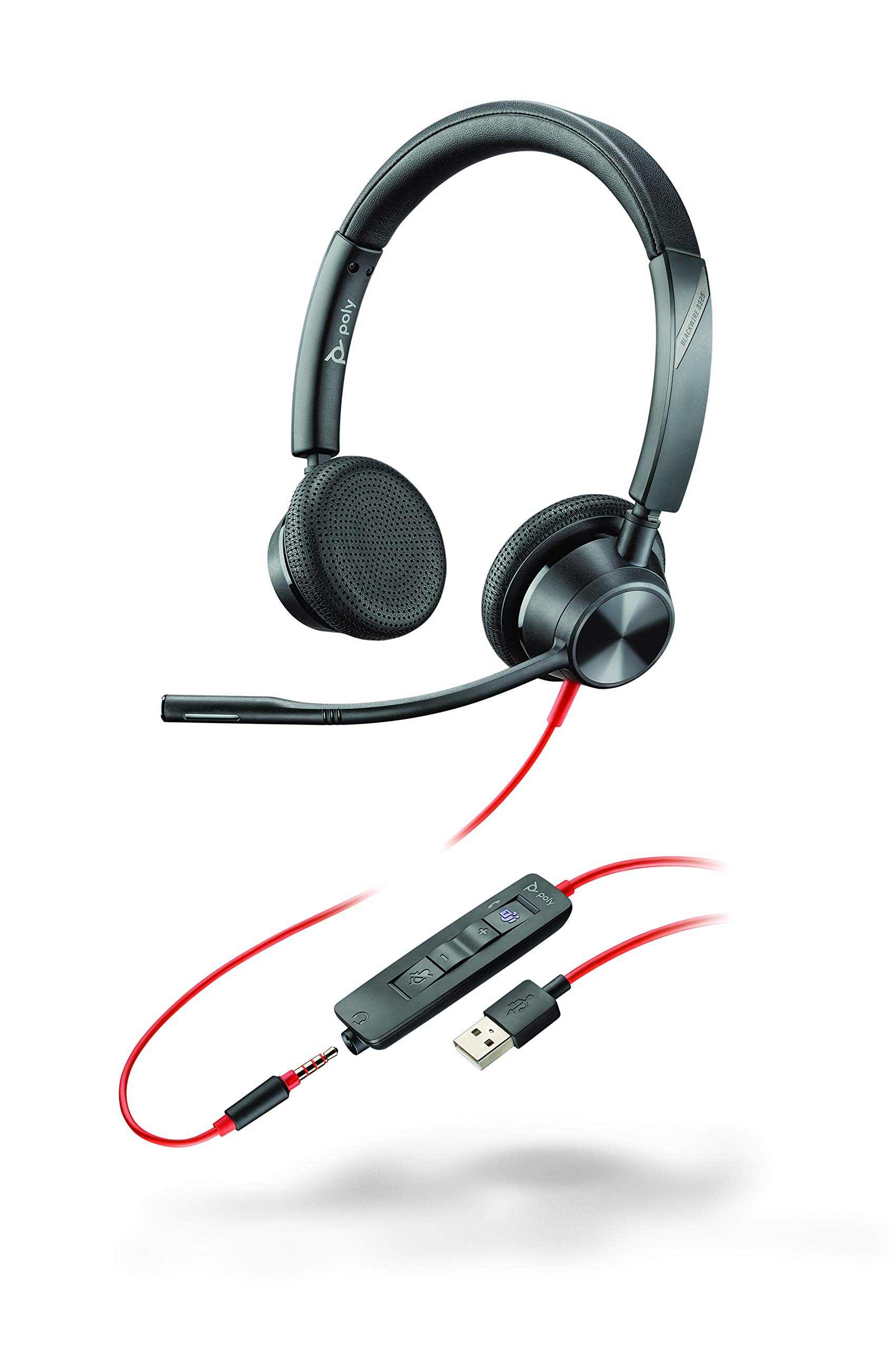 Plantronics – Blackwire 3325 USB-A (Poly) – Wired, Dual-Ear (Stereo) Headset with Boom Mic, Connect to PC/Mac via USB-A or mobile/tablet via 3.5 mm connector – Works w/ Teams (Certified), Zoom & more