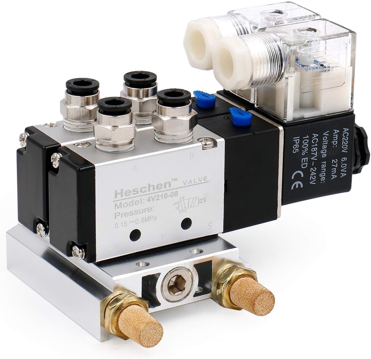 Heschen Electrical Pneumatic Twin Solenoid Valve 4V210-08 220VAC PT1/4 5 Way 2 Position Manifold Base, Muffler, Quick Fittings Set