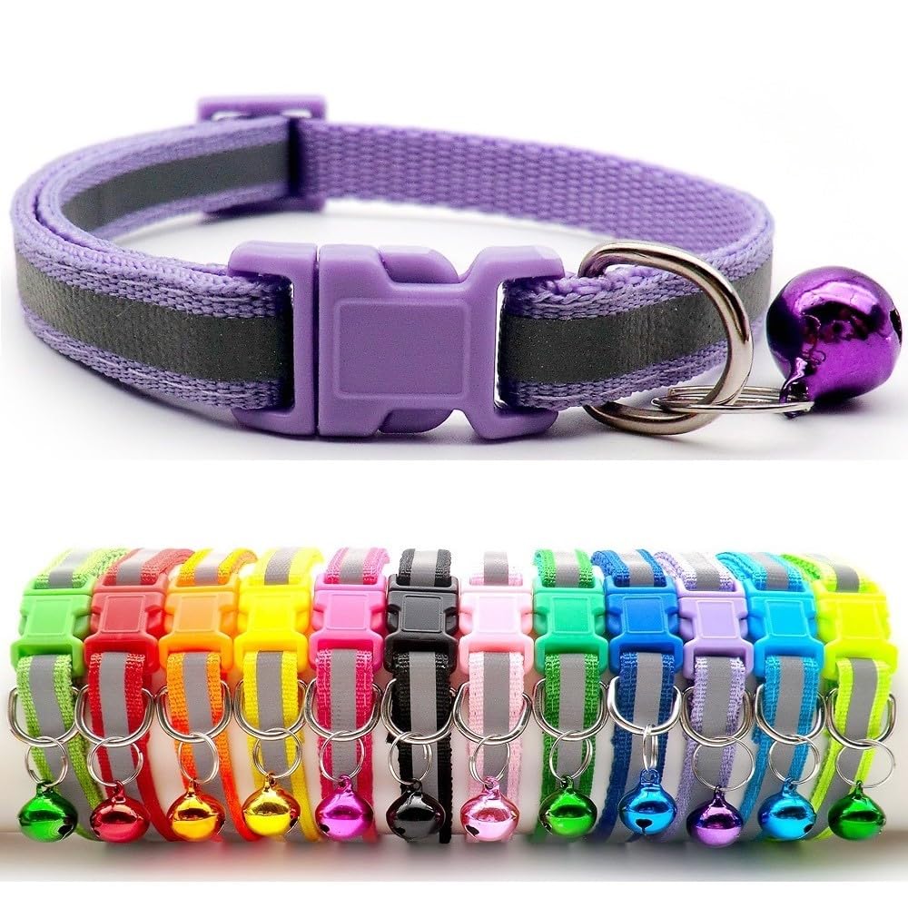 Small Dog Puppy Pet Collar Reflective Hi-Vis Strip with Bell Nylon Adjustable Size 19-32cm Light Purple