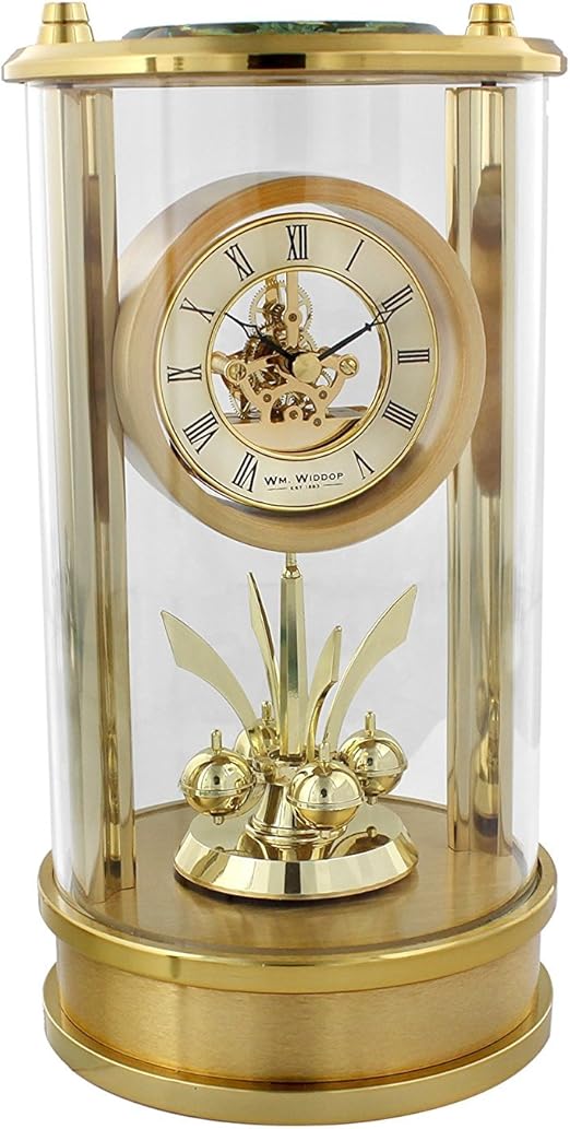 Wm.Widdop Round Gold Mantel Clock Skeleton Rotating Pendulum and Dial