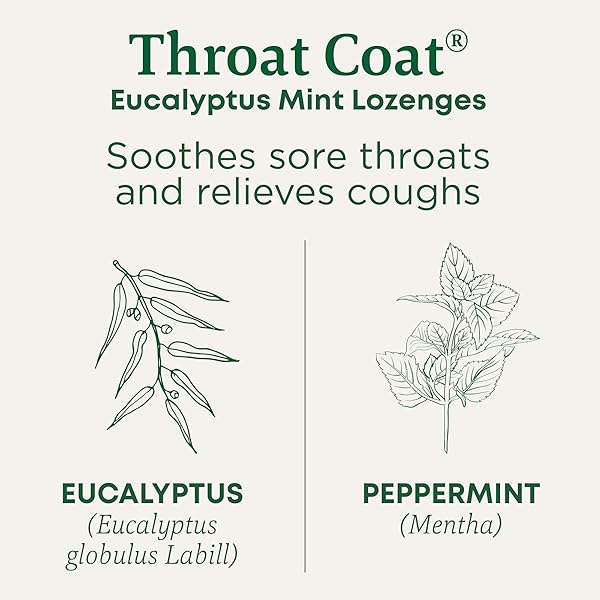 TRADITIONAL MEDICINALS LOZENGES, ORGANIC THROAT COAT LOZENGES, EUCALYPTUS MINT, SOOTHES SORE THROATS & RELIEVES COUGHS, 16 INDIVIDUALLY WRAPPED