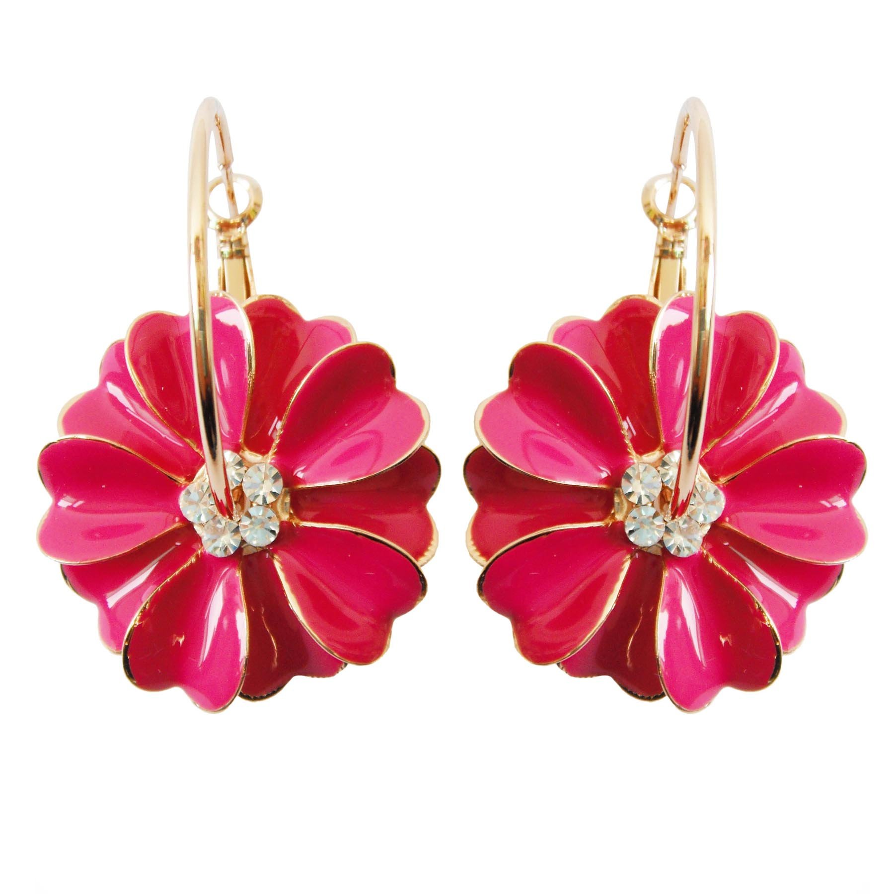 Navachi 18k Gold Plated Red Enamel Flower Crystal Az2424e Hoop Earrings(dia. 3cm)