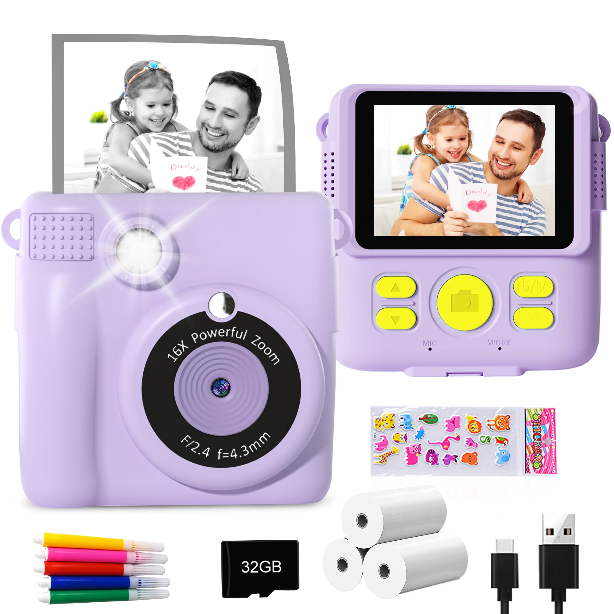 GKTZ Instant Print Camera for Kids - 1080P HD Instant Print Photo - Christmas Birthday Gifts for Age 4 5 6 7 8 9 10 Girls Boys - Portable Toy with 3 Rolls Photo Paper, 32GB Card, Color Pens - Purple