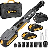 JEXUGK 120Nm Cordless Ratchet Wrench, 3/8" 89 FT-LBS Brushless Ratchet Set with 2 x 2.0A Battery, 21V Electric Matraca Electrica with Variable Speed 7Sockets,1/4" Adapter,1/2" Adapter,3" Extension Bar