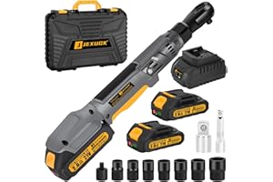 JEXUGK 120Nm Cordless Ratchet Wrench, 3/8" 89 FT-LBS Brushless Ratchet Set with 2 x 2.0A Battery, 21V Electric Matraca Electrica with Variable Speed 7Sockets,1/4" Adapter,1/2" Adapter,3" Extension Bar