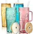 ANOTION Colored Glass Cups with Handle Set of 4, 24oz Glass Cups with Lids and Straws Travel Coffee Mug Bamboo Mason Jar Iced Cup Smoothie Tea Clear Cute Water Drinking Jars Glasses