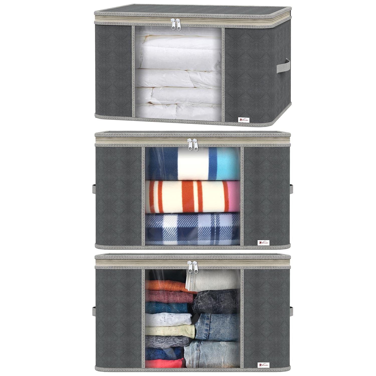 Vinsani 3pcs Deluxe Clothes Storage Bags Organizer Large Capacity Double Zipper, Moisture-Proof Big Clear Windows Perfect Space for Clothes, Beddings, Blankets and Duvet - Dark Grey