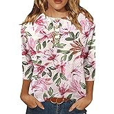 TASAMO Womens Tops 3/4 Sleeve Shirts Round Neck Loose Casual Blouses Floral Print Tshirts