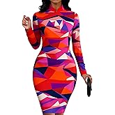 Women Bodycon Dresses Floral Print Pencil Work Dress Long Sleeve Mandarin Collar Midi Church Dresses