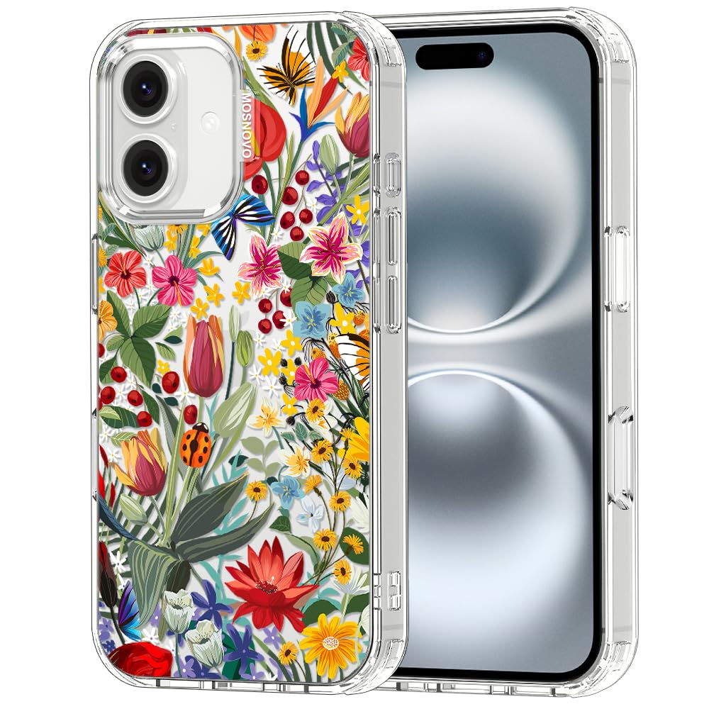 MOSNOVO Case for iPhone 16 Plus, [Buffertech 6.6ft Military-Grade Drop Protection] [Anti Peel Off Tech] Clear TPU Bumper Phone Case Cover Design - In The Garden