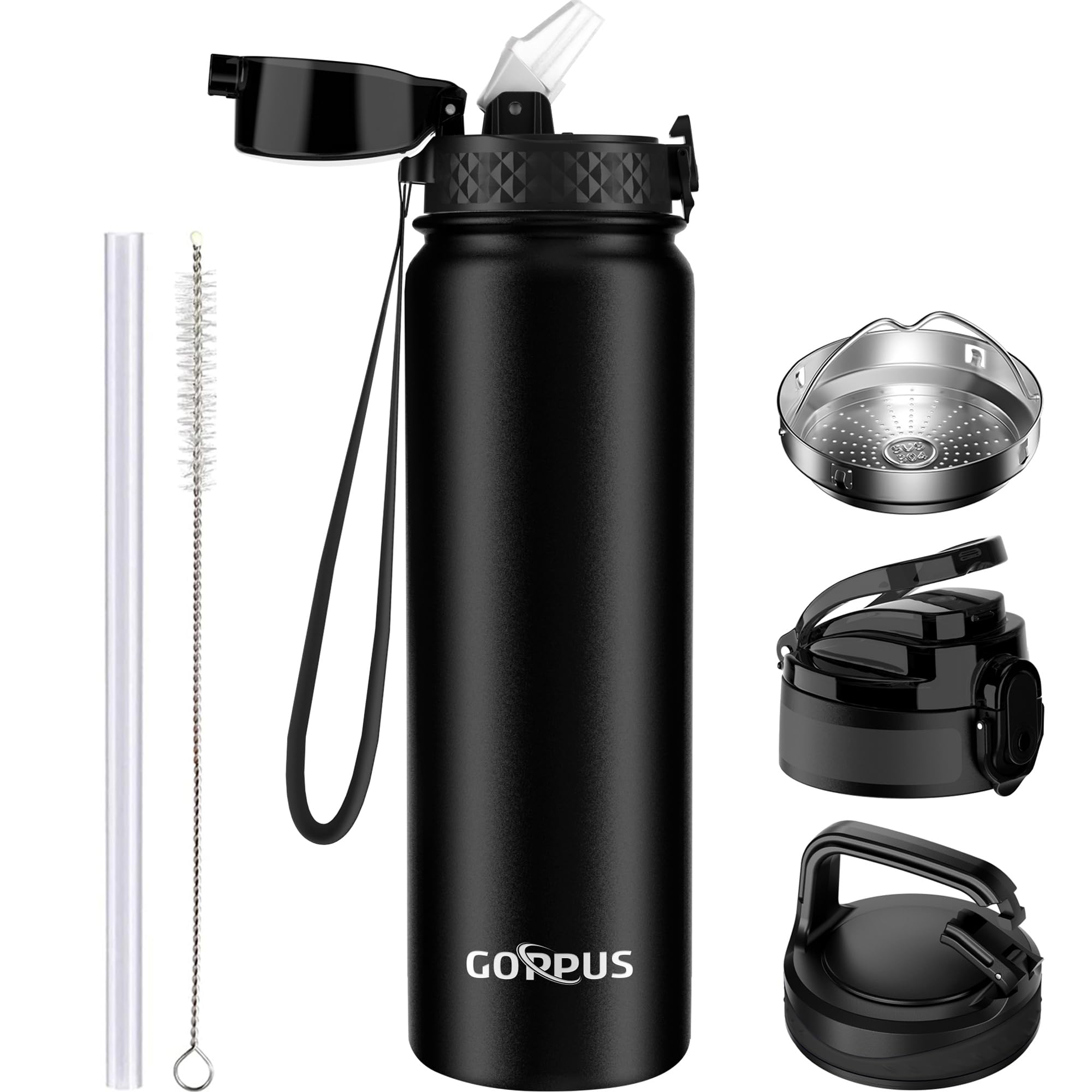 GOPPUS 1L/32oz Stainless Water Bottle with Straw Double Wall Insulated Bottles with Strap Reusable Vacuum Thermal Flask Leakproof Keep Cold Drinks Bottles with Flip Top Lid for Gym Men Women BPA Free
