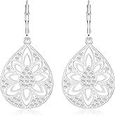 Ritach 925 Silver Dangle Earrings for Women Leverback Filigree Teardrop Earrings Hypoallergenic Silver Dangle Drop Earring for Gifts