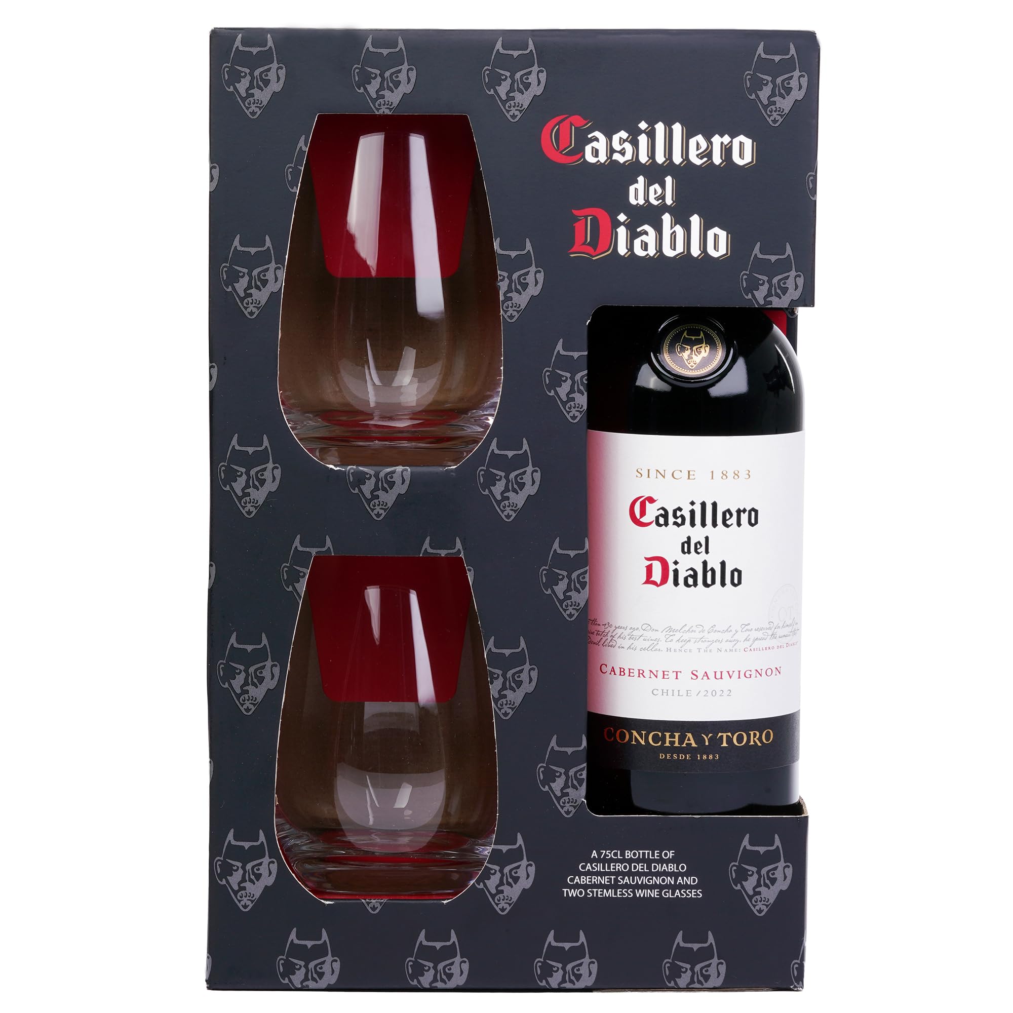 Casillero del Diablo Cabernet Sauvignon Gift Set – 750ml Red Wine (13.5% ABV) with 2 Dartington Stemless Glasses – Premium Wine Present by Blue Tree Gifts