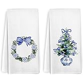 KFXHANGD Chinoiserie Christmas Kitchen Towels Set of 2, Coquette Christmas Bathroom Decor, Blue and White Tree Dish Towels, Blue Christmas Wreath Hand Tea Towels for Bathroom Kitchen, 16×24 Inch