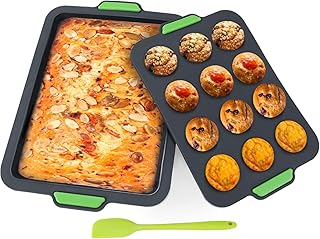 Aukiita Küche 12 Tassen Silikon-Muffinform und große Backform, Muffinform und Backform Set mit Spachtel, Antihaftbeschichtet, geeignet für Backofen, Mikrowelle, Kühlschrank