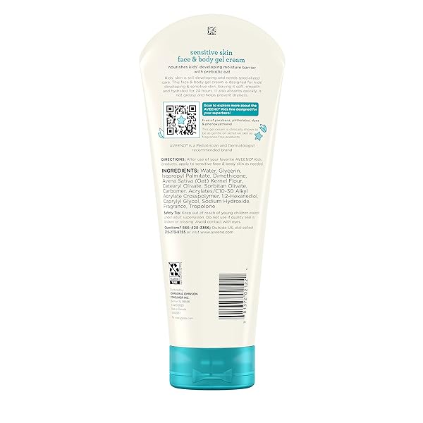 AVEENO SENSITIVE SKIN FACE & BODY GEL CREAM FOR KIDS WITH PREBIOTIC OAT, CLINICALLY PROVEN 24 HOUR HYDRATION FOR SOFT SKIN, QUICK DRYING AND LIGHTWEIGHT, HYPOALLERGENIC, 8 OZ