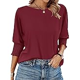 IECCP Womens Summer Tops Womens 3/4 Sleeve Tops Puff Sleeve Elbow Length Tops for Women Boat Neck Tops Wine Red,XXL