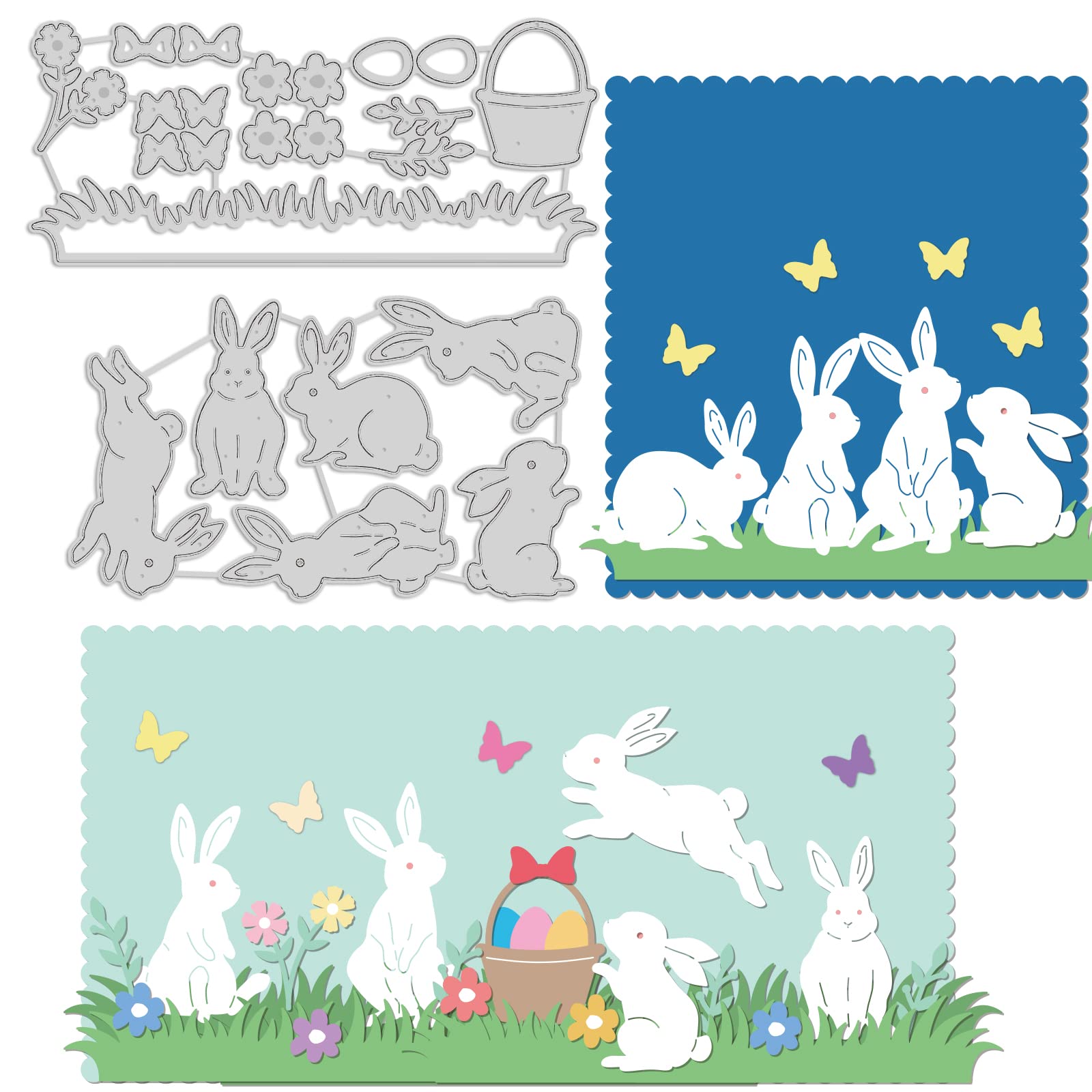 GLOBLELAND Easter Rabbit Silhouette Cutting Dies Metal Easter Eggs Basket Lawn Die Cuts Embossing Stencils Template for Paper Card Making Decoration DIY Scrapbooking Album Craft Decor
