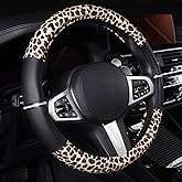 AUTOYOUTH Leopard Steering Wheel Cover - Bling Crystal Rhinestones Cheetah Print on Leather Non-Slip Breathable Design for Women/Girls Universal Fit 14.5-15 Inch(Black & Yellow)