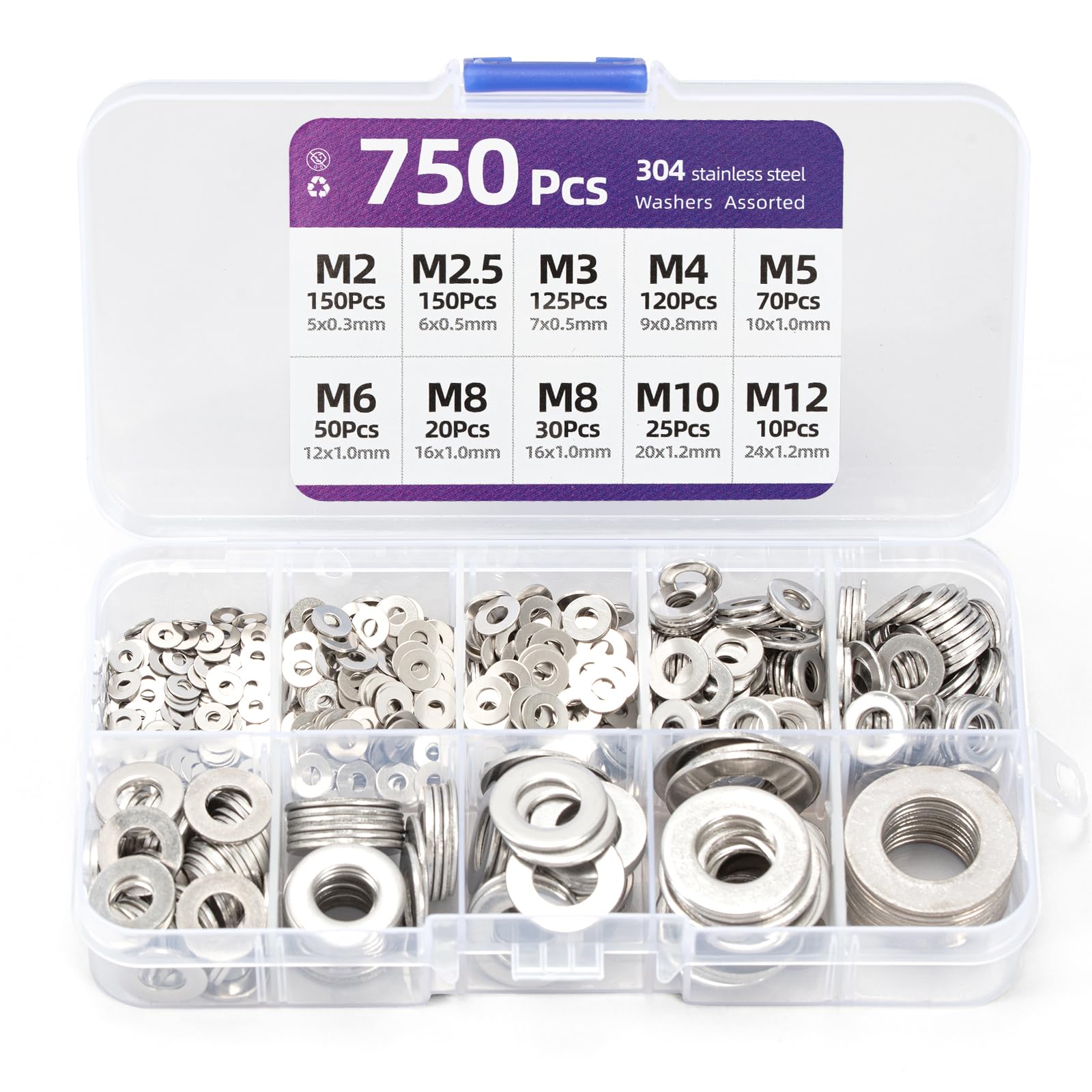 Stainless Steel Flat Washers Assortment Set - 750PCS, 9 Sizes M2 M2.5 M3 M4 M5 M6 M8 M10 M12 for Screws and Bolts - Factories Repair Construction