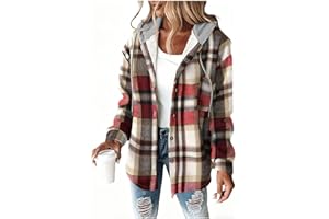 Womens Plaid Shacket Jacket Fleece Lined Wool Blend Coat with Hood Button Down Fall Winter Fashion Clothes Outerwear