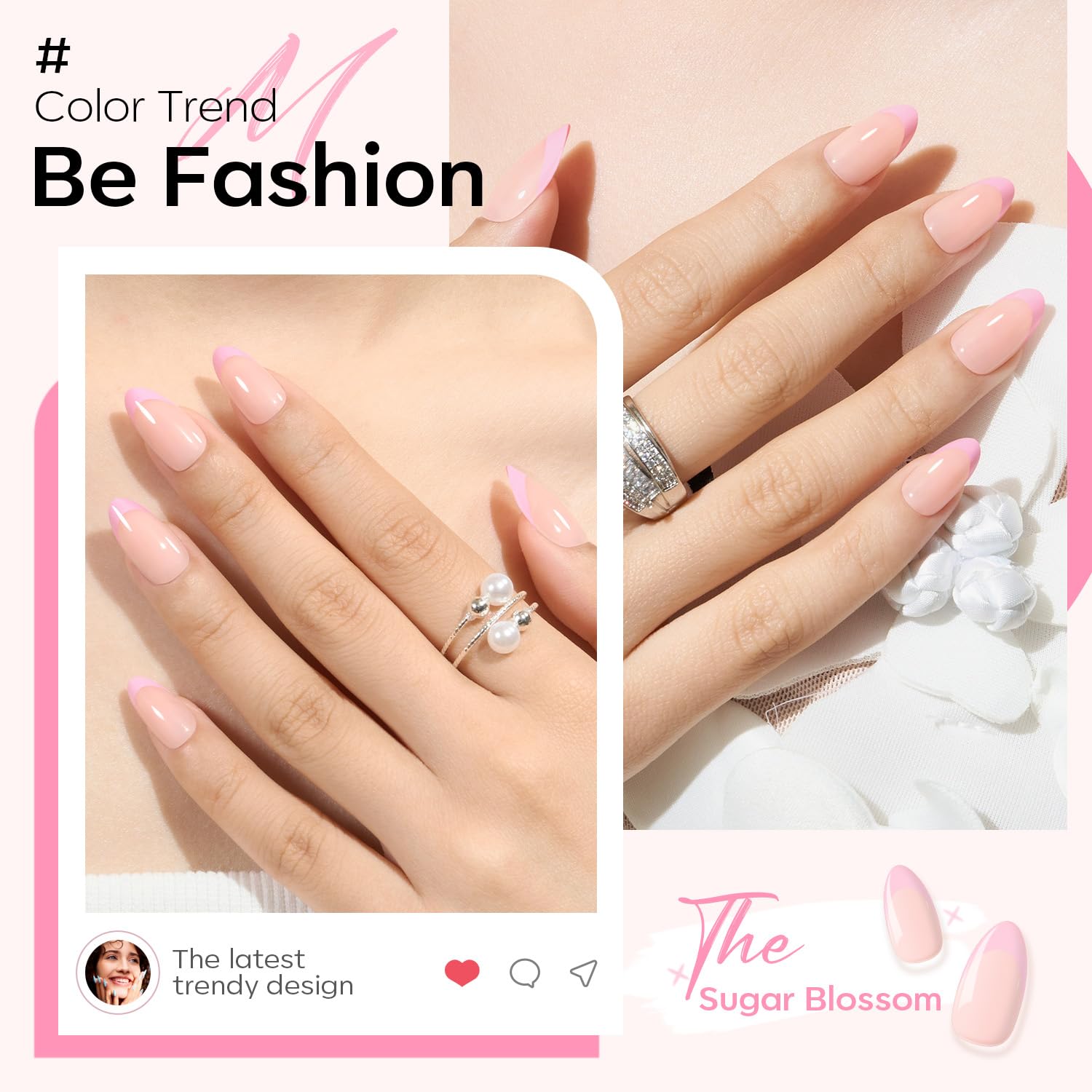 Modelones Pink French Tip Press on Nails Almond, Short Almond Fake Nails, Spring Easter Nail Kit with Nail Glue Adhesive Tabs Mini Nail File, Nails Press Ons 32Pcs16 Sizes, Women Girl Gift - Image 2