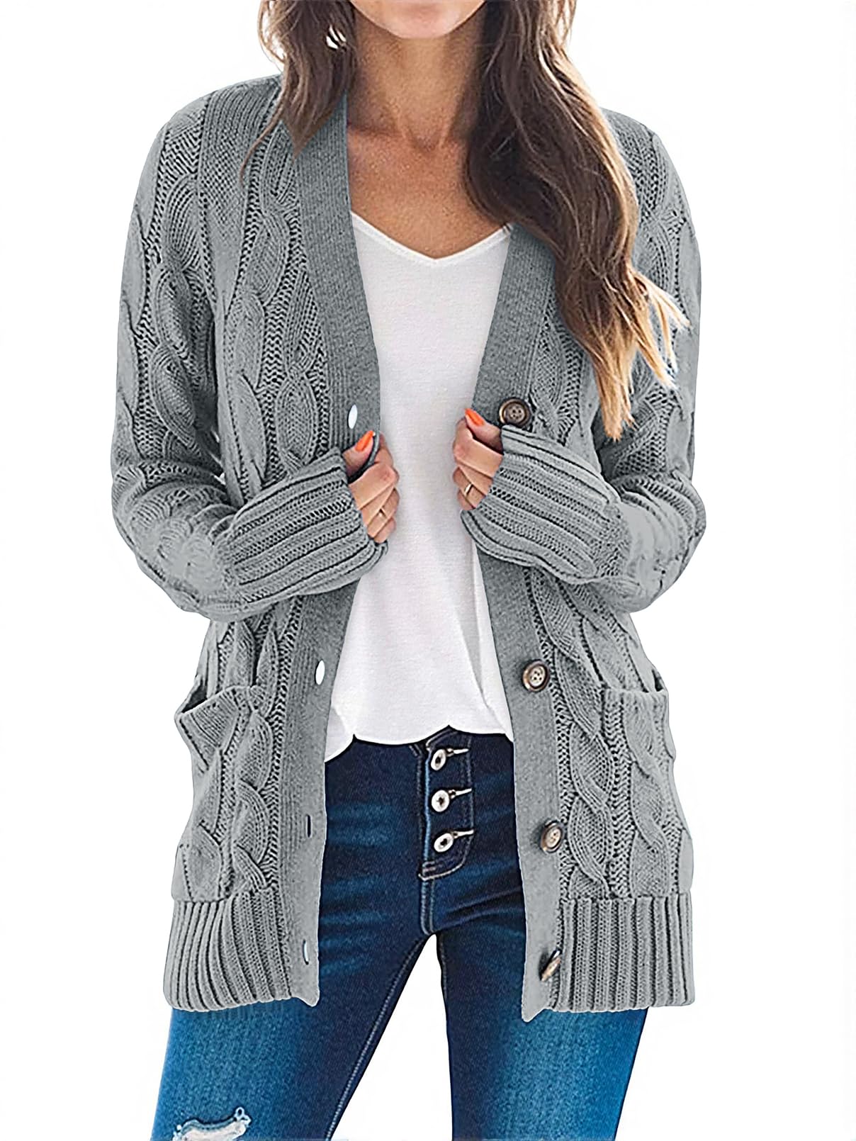 Photo 1 of MEROKEETY Women's 2025 Fall Long Sleeve Cable Knit Cardigan Sweater Open Front Button Loose Outerwear Grey