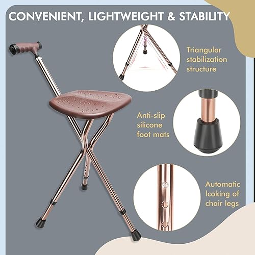 Adjustable Folding Cane with Seat, Transformable Lightweight