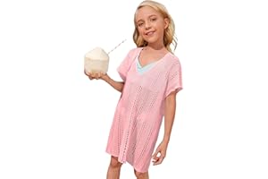 Milumia Girl's Crochet Coverup Cut Out V Neck Short Sleeve Sheer Swimsuit Cover Ups