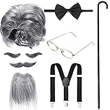 WILLBOND 8 Pcs Old Man Costume, Old Man Wig, Cane