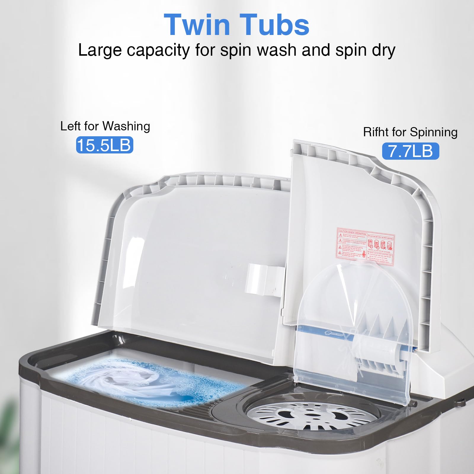 EUASOO 24Lbs Portable Washer and Dryer, Portable Washing Machine, Washer (16Lbs)& Spin(8Lbs)2 in 1 Twin Tub Washer Compact Machine with Drain Pump