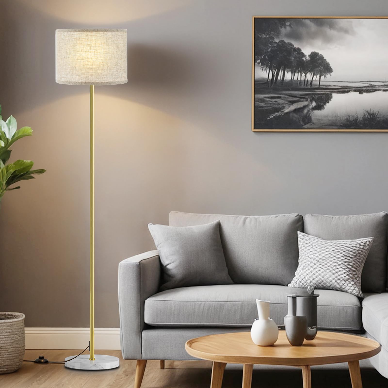 Ambimall 60'' Modern Floor Lamp with Shade, Tall Lamps for Living Room, Bedroom, Office, Dining Room, Gold Standing Lamp with Marble Base(Without Bulb) Image